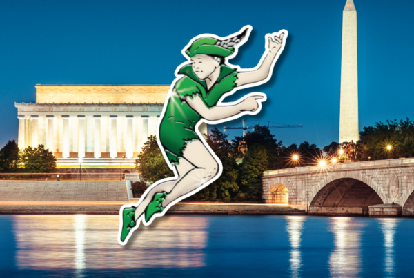 Scenic view of Washington, D.C., featuring iconic landmarks and Peter Pan Bus Lines branding