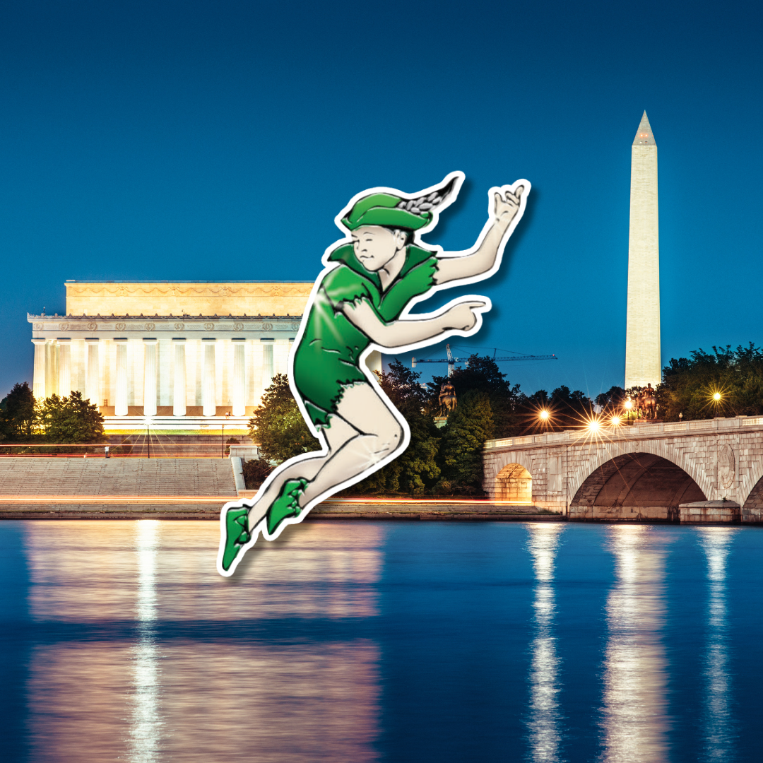 Scenic view of Washington, D.C., featuring iconic landmarks and Peter Pan Bus Lines branding